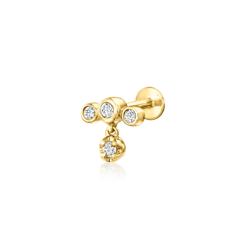 14kt yellow gold diamond stud earring with three bezel-set stones and drop charm