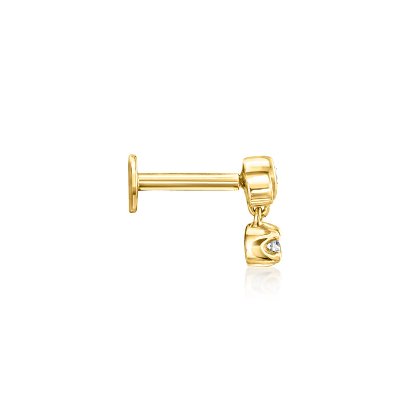 14kt yellow gold diamond stud earring with bezel-set drop charm and flat-back post