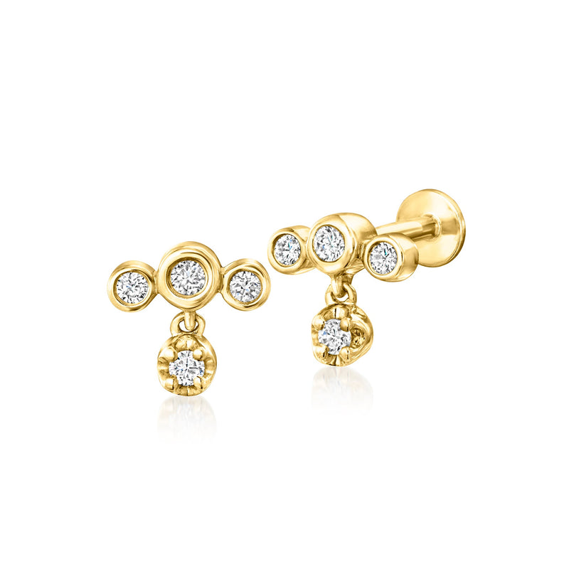 14kt yellow gold diamond stud earrings with three bezel-set stones and drop charm