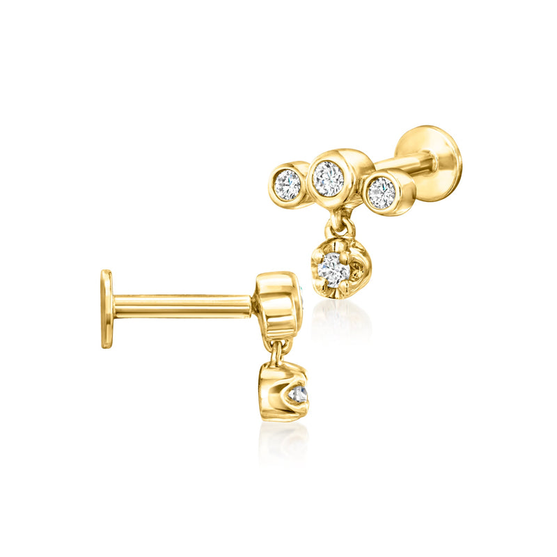 14kt yellow gold diamond stud earring with three bezel-set stones and dangling charm