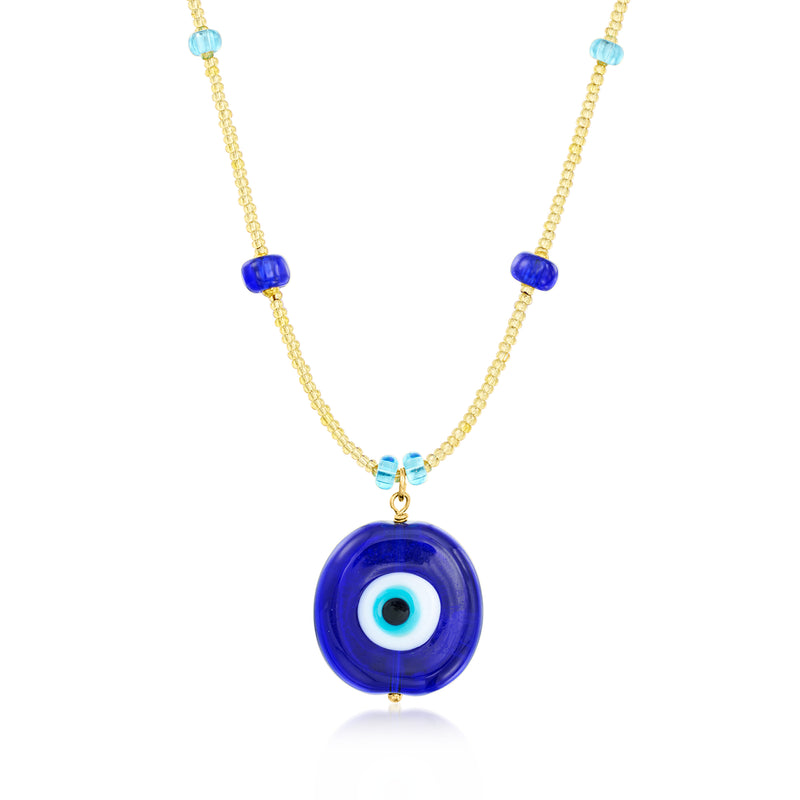 Blue Murano glass evil-eye pendant necklace with gold-tone chain and small blue beads