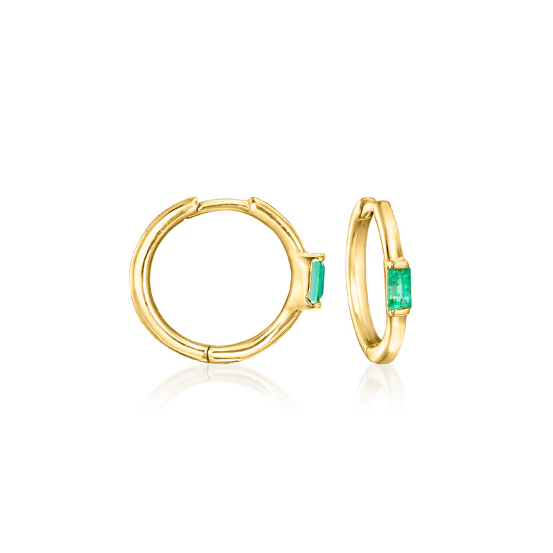 14kt yellow gold clicker hoop earring with emerald-green gemstone, side view