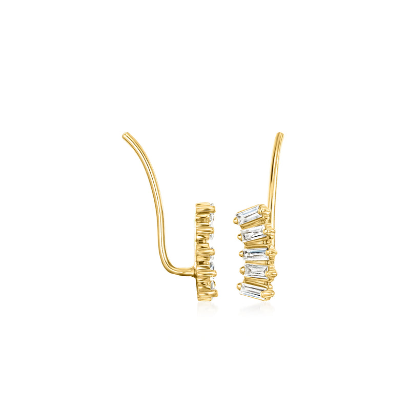 14kt yellow gold earwire earrings with five baguette-cut lab diamonds, side view