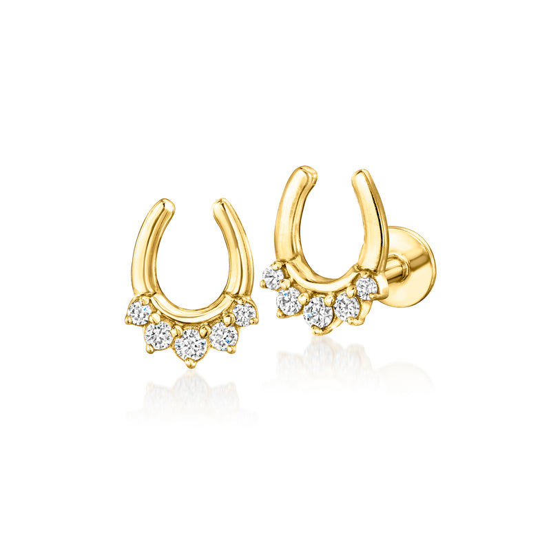 14kt yellow gold horseshoe stud earrings with lab-grown diamond cluster, front view