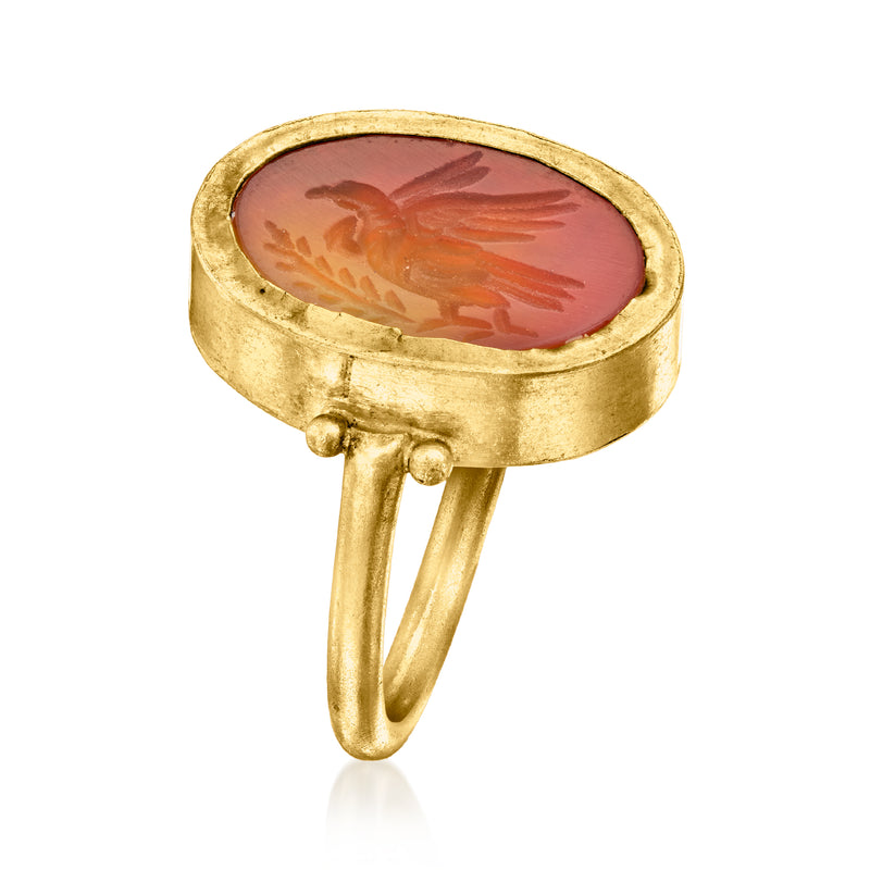 Carnelian bird cameo-style oval intaglio ring, yellow gold band with side prongs