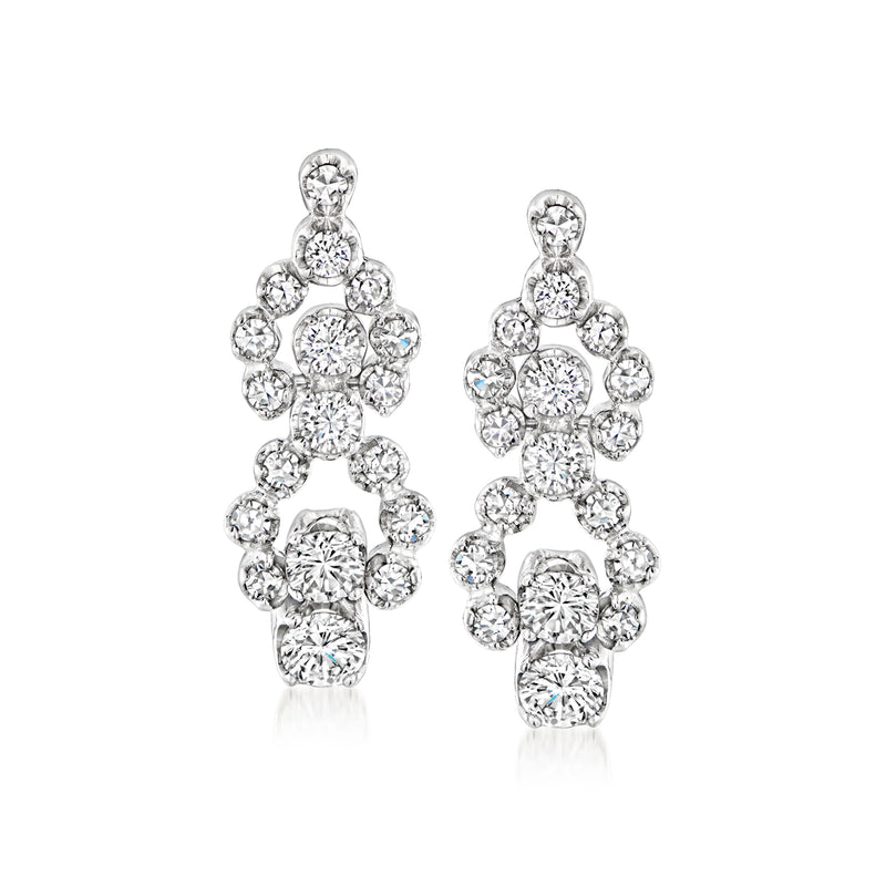 Diamond drop earrings in white gold, clustered round stones on post backs
