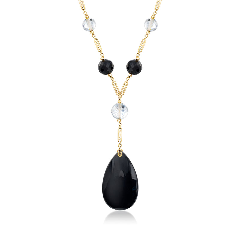 14kt yellow gold bead station necklace with black onyx drops and clear rock crystal beads