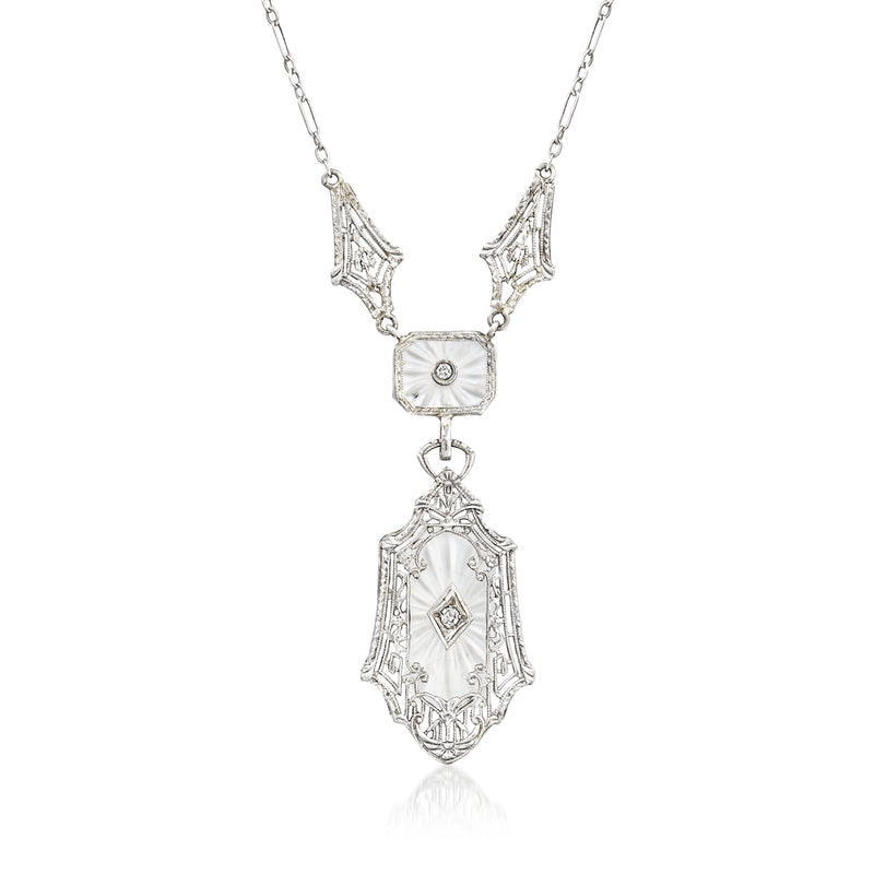 Vintage rock crystal filigree pendant necklace, white gold with diamond accents