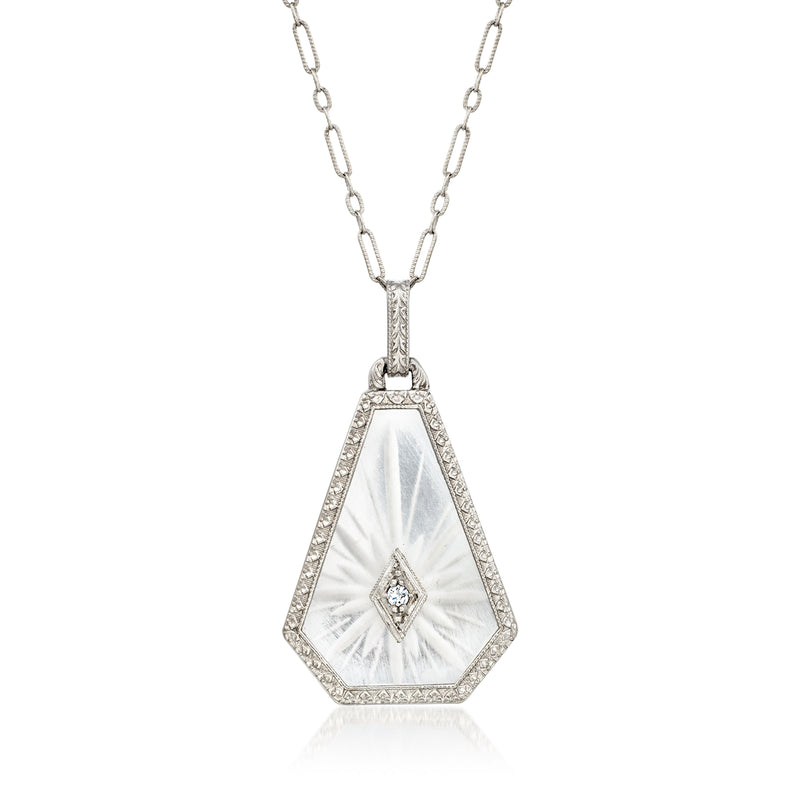 Vintage white gold pendant necklace with rock crystal drop and small diamond accent