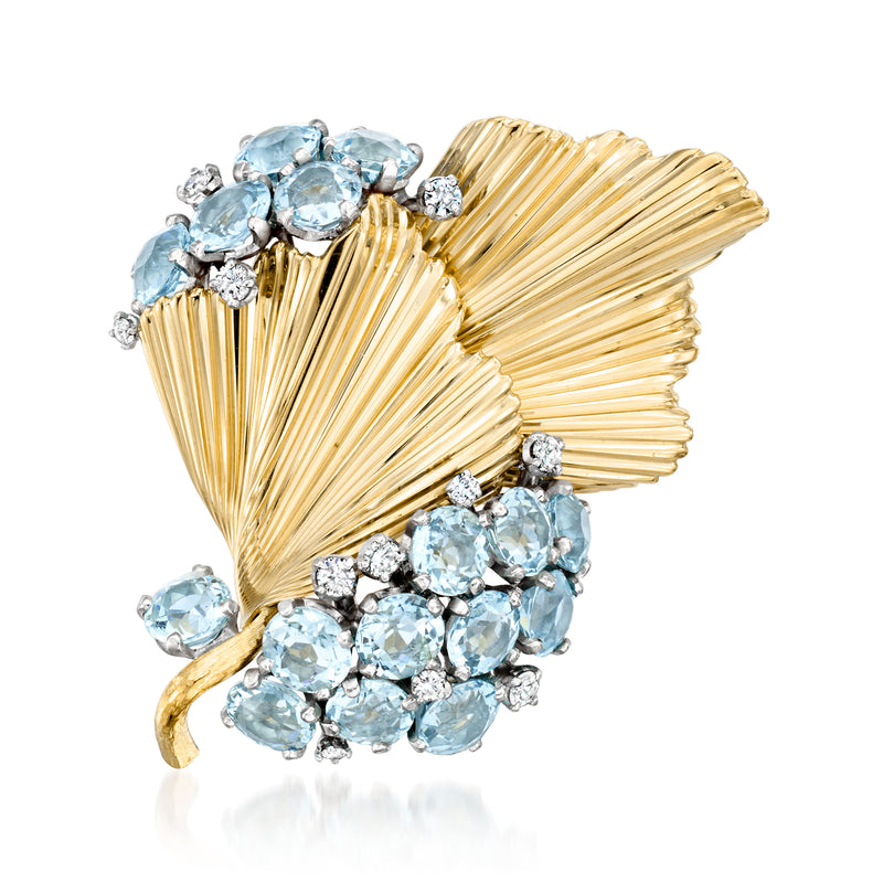 Vintage gold leaf pin with light blue aquamarines and small round diamond accents