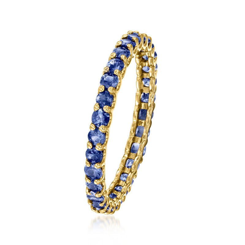 Blue sapphire eternity band in 14kt yellow gold, side view with linked settings
