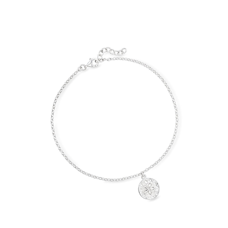 Sterling silver anklet with small round sand dollar charm on a delicate chain