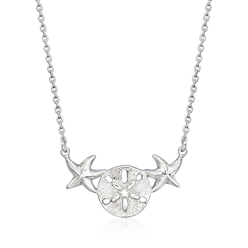 Silver sand dollar and starfish charm necklace on a linked chain