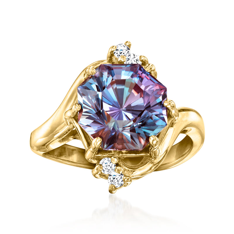 Vintage 14kt yellow gold ring with large multicolored cushion-cut gemstone and small white stones