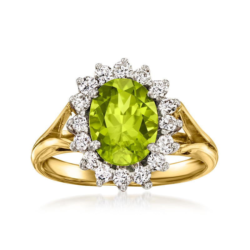 Vintage peridot diamond halo ring in 14kt yellow gold, round green gemstone