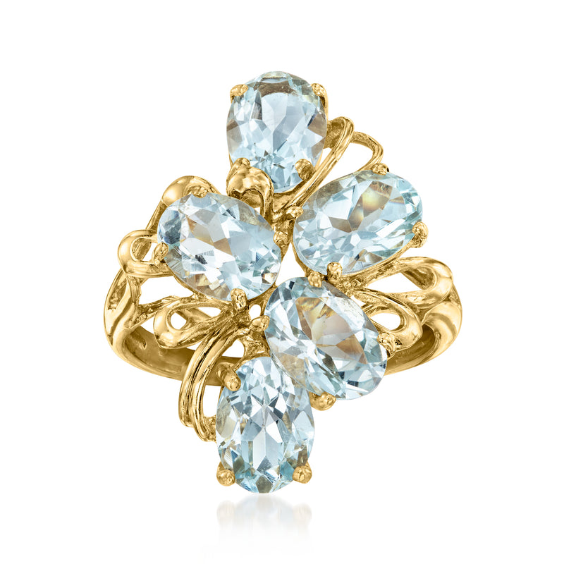 14kt yellow gold aquamarine cluster ring with five oval light-blue stones