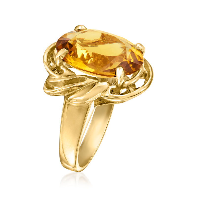 Vintage citrine cocktail ring, oval gemstone with flowing yellow-gold band