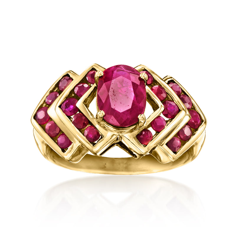 18kt yellow gold ruby chevron ring with oval pink center and small side stones