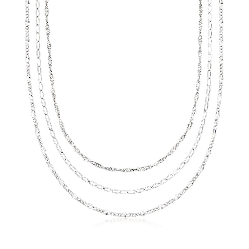 Sterling silver three necklace chains set, linked curb links
