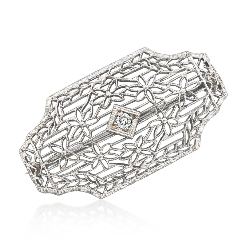 Vintage diamond filigree pin with square center stone, platinum and 14kt white gold
