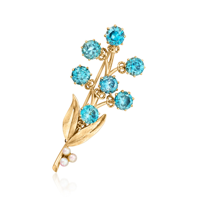 14kt yellow gold flower pin with light blue zircon-like stones and two cultured pearl accents