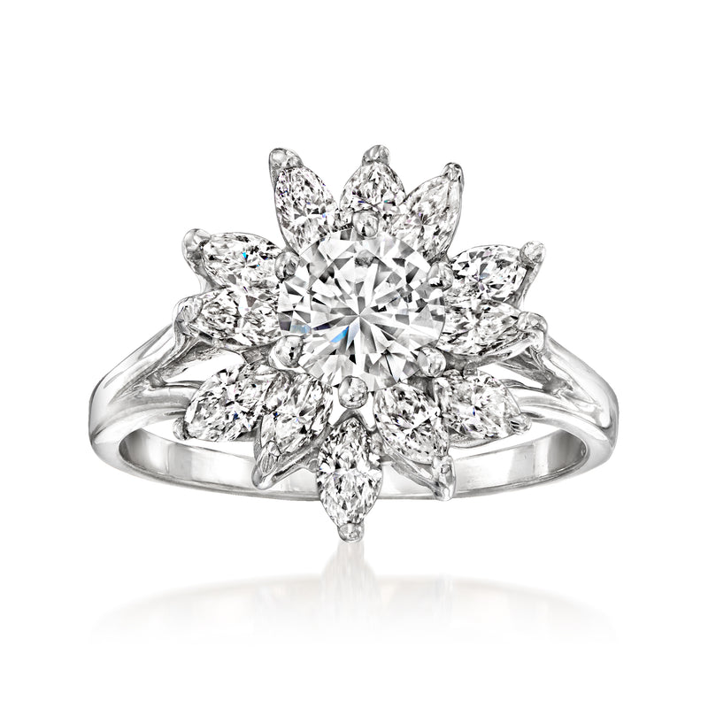 14kt white gold diamond flower ring with marquise-style petals and round center stone