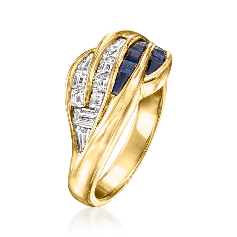 Yellow gold ring side view: blue sapphire with baguette diamonds in split prongs