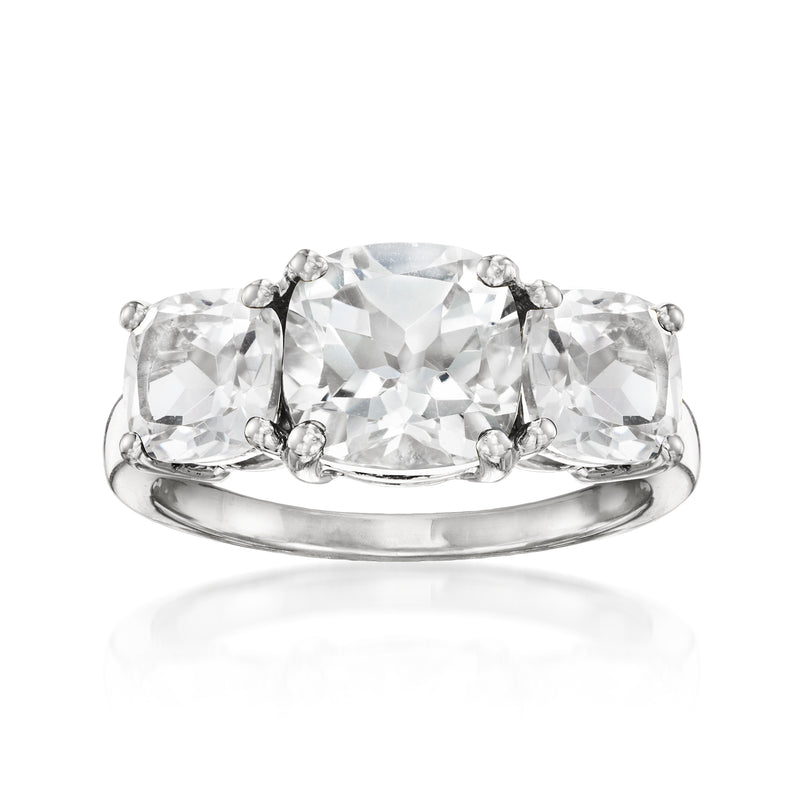 Sterling silver three-stone ring with cushion-cut white topaz