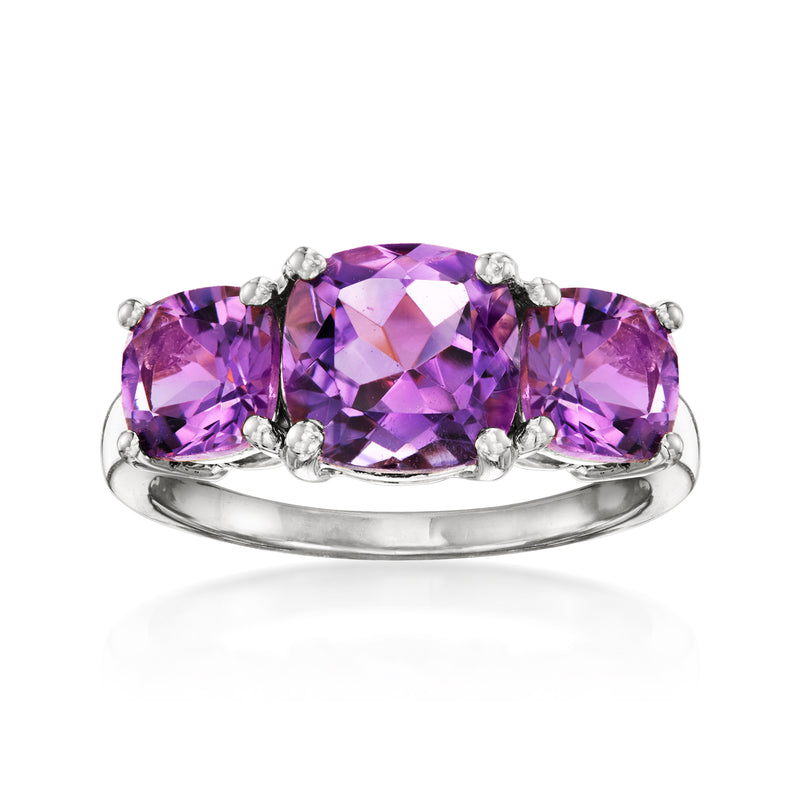 Sterling silver three-stone amethyst ring, oval purple stones in bezel settings