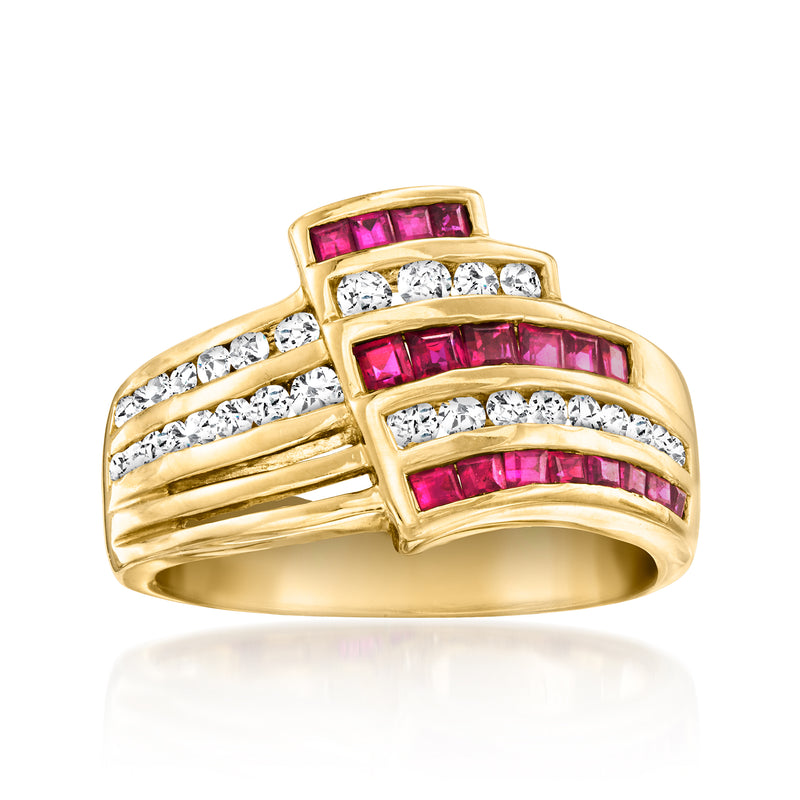 Yellow gold multi-row diamond and ruby ring with square ruby bands and clear stones