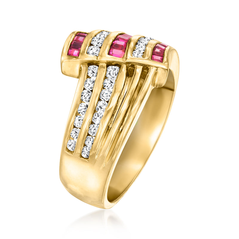 Yellow gold ring with vertical diamond rows and magenta ruby square accents