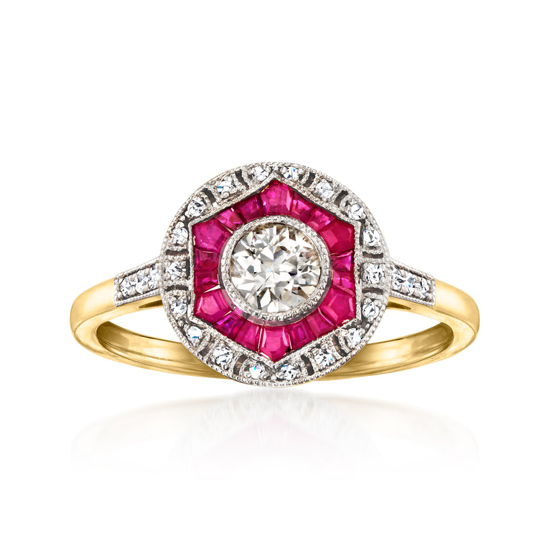 Vintage 14kt yellow gold diamond and ruby ring with round center stone
