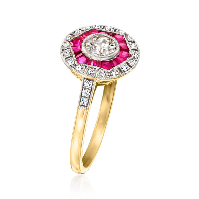 14k yellow gold ring with oval center diamond and pink ruby halo, diamond accents
