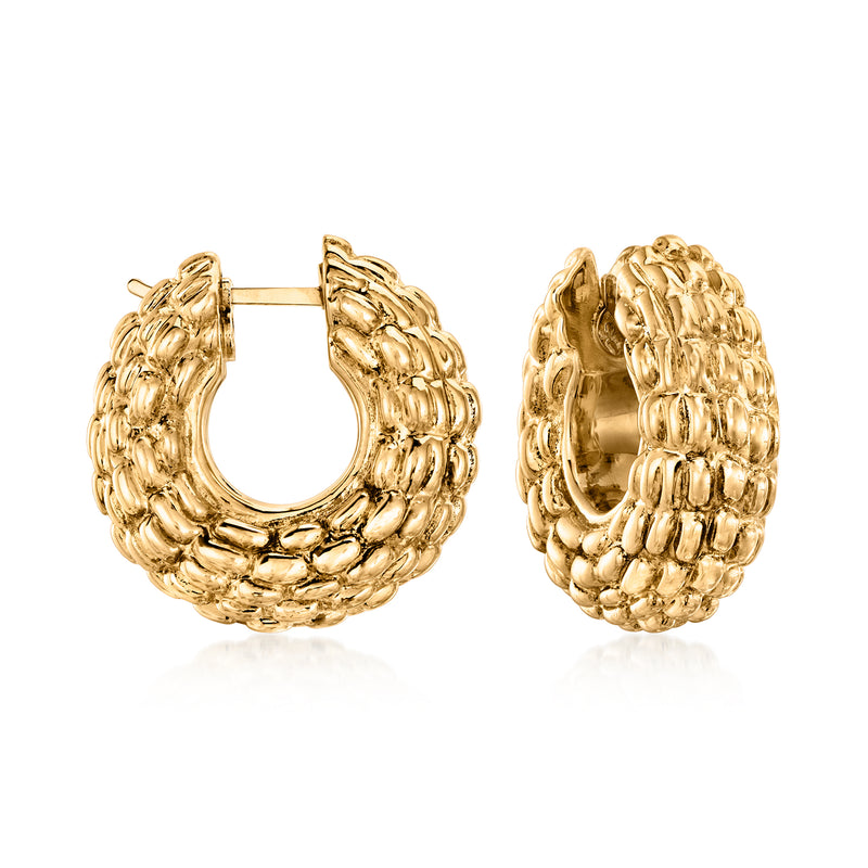 18kt yellow gold ridged hoop earrings with textured ribbed design, hinged clasp
