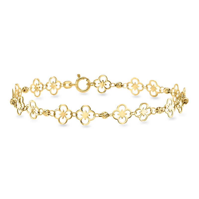 10kt yellow gold floral station bead bracelet with clover motifs and link chain