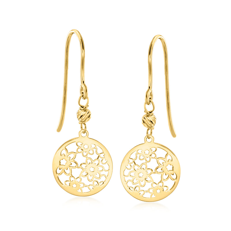 10kt yellow gold floral medallion drop earrings with earwire hooks, round discs