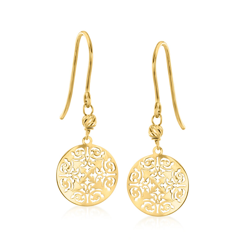 10kt yellow gold round filigree drop earrings with earwire hooks