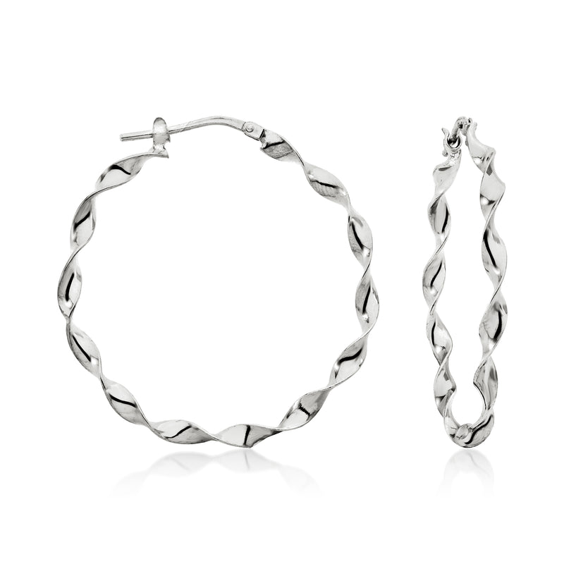 Twisted sterling silver hoop earrings with interlinked oval twists, hinged clasp