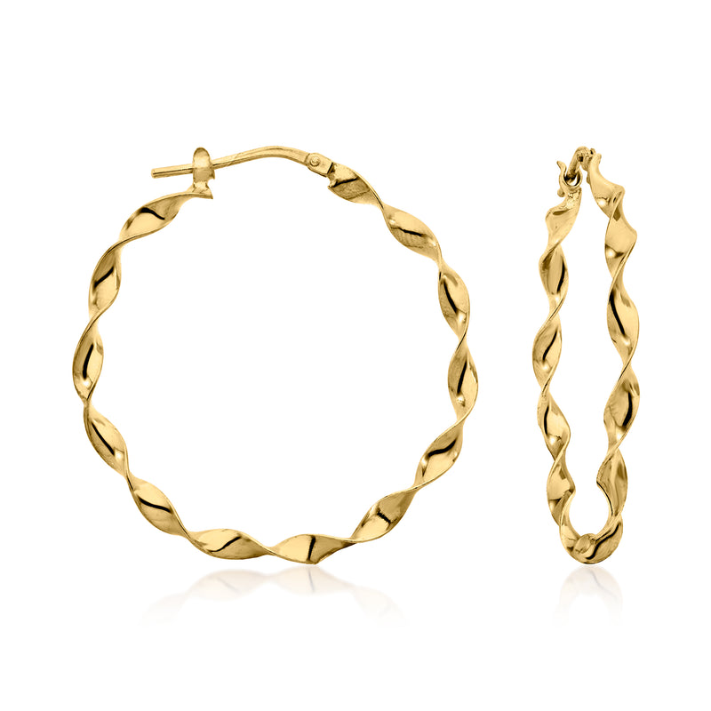 Gold over sterling twisted hoop earrings with hinged latch, pair