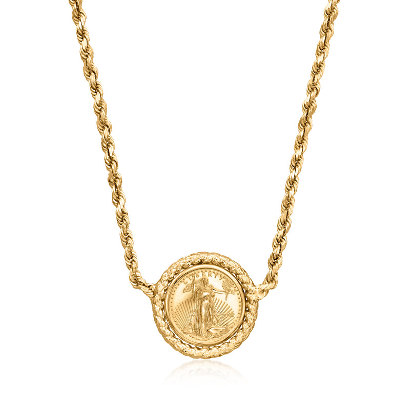 Vintage coin necklace in yellow gold with round engraved medal pendant on twisted chain