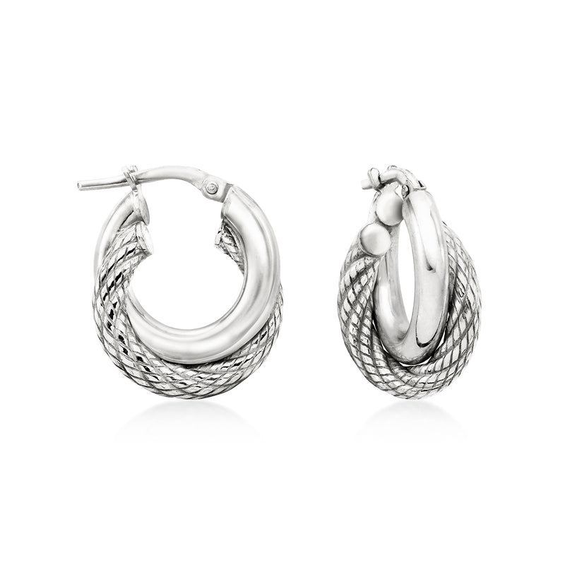 Sterling silver double-hoop earrings with braided mesh texture and polished rings