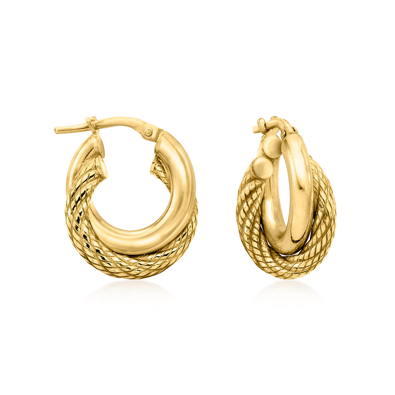 Gold over sterling double-hoop earrings, twisted texture, hinged hoop closures.