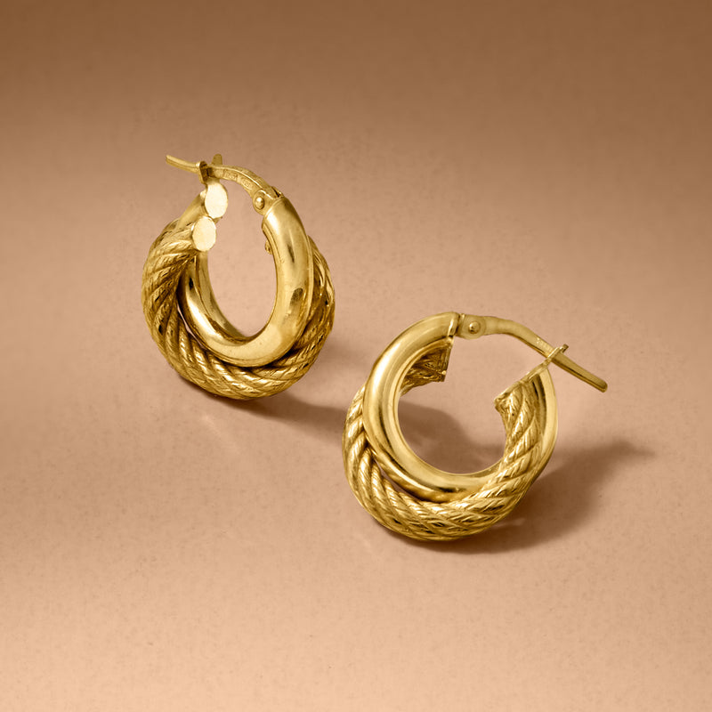 Gold over sterling double-hoop earrings with braided texture, open front, stud backs.