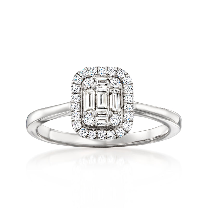14kt white gold diamond cluster ring, emerald-cut center with round side stones