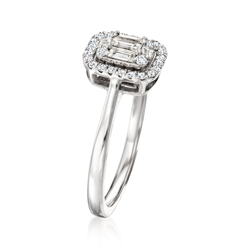 14kt white gold diamond cluster ring side view with rectangular emerald-cut center