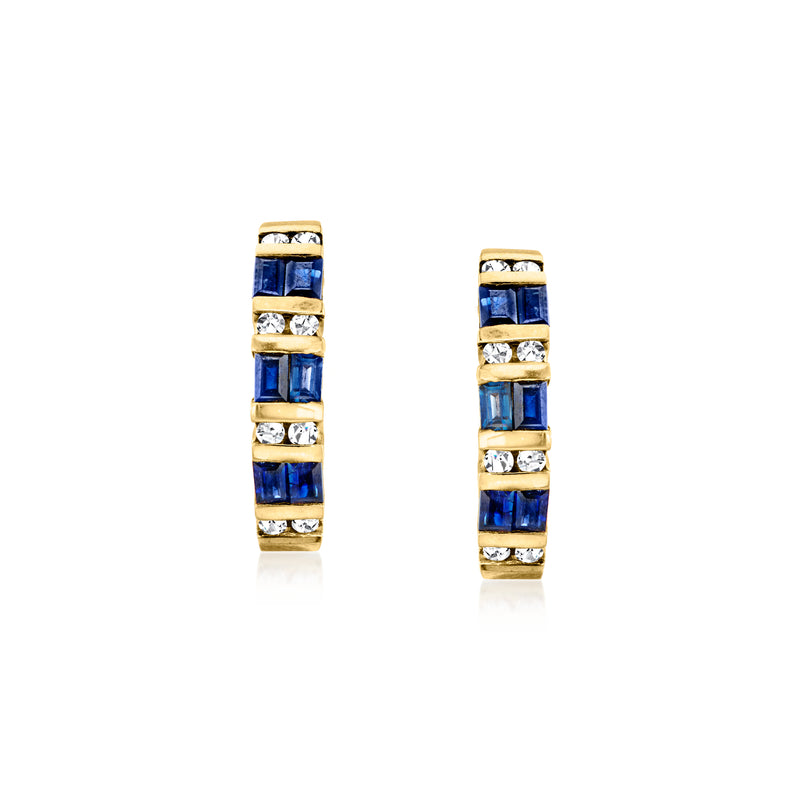 Curved 14kt yellow gold earrings with blue sapphire and diamond squares, post style