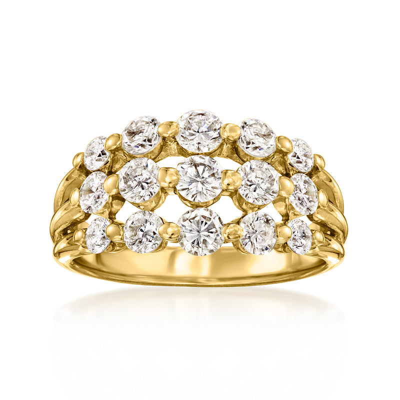 Three-row diamond ring in 18kt yellow gold with round brilliant-cut stones
