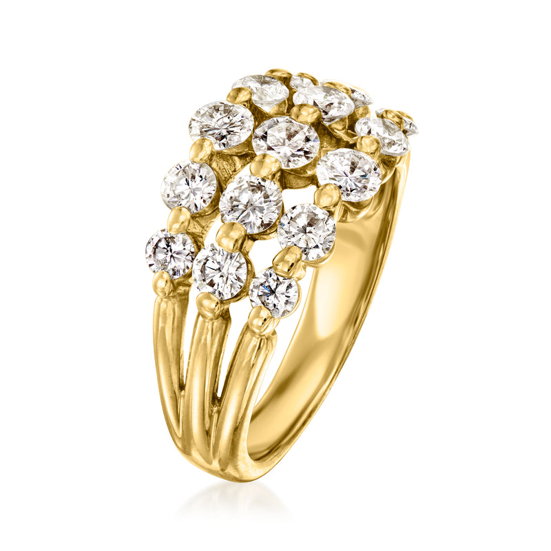 18kt yellow gold three-row diamond ring with round stones, side view