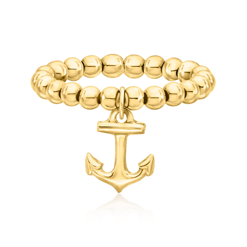 Yellow gold bead stretch ring with anchor charm, round bead band