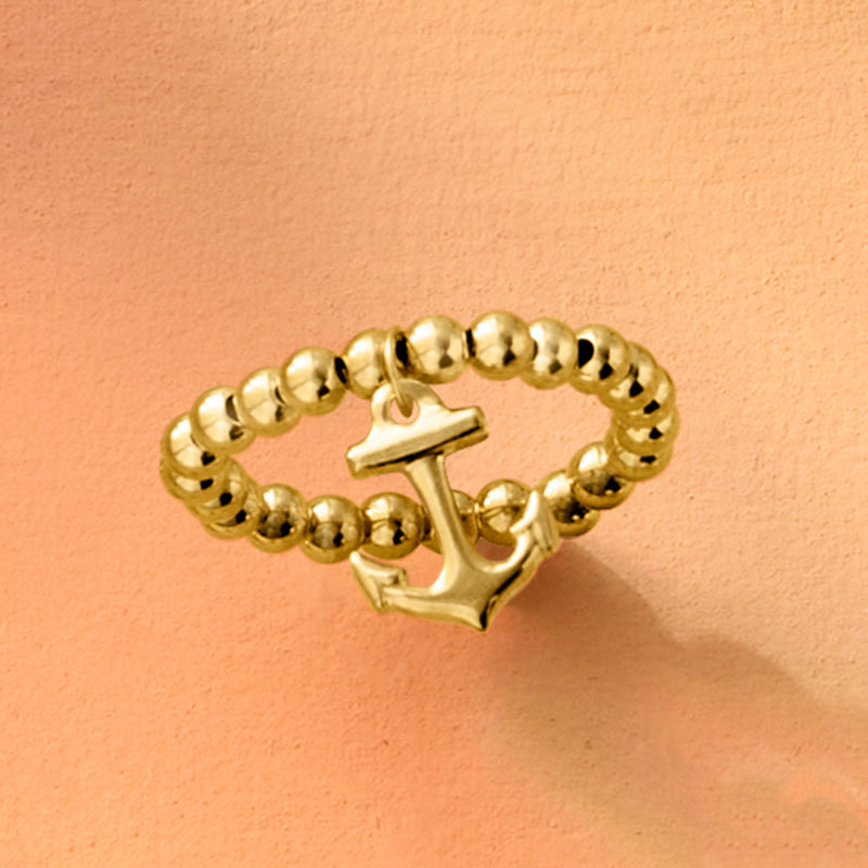 Yellow gold bead stretch ring with anchor charm, bead band detail